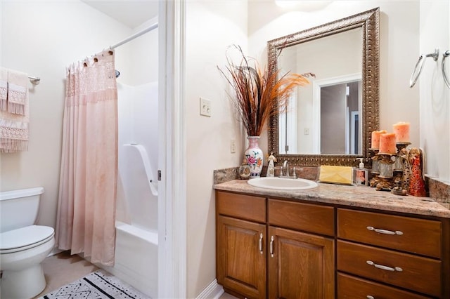 full bathroom featuring tile patterned floors, vanity, toilet, and shower / tub combo with curtain