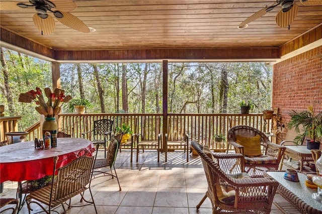 sunroom / solarium with ceiling fan and wood ceiling