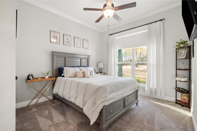 bedroom with ceiling fan, ornamental molding, and light carpet