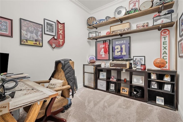 office area with crown molding and carpet floors