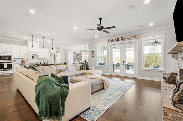 living room featuring crown molding, a wealth of natural light, and french doors