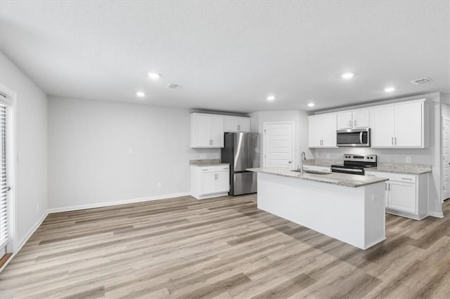 kitchen featuring stainless steel appliances, white cabinetry, sink, and a kitchen island with sink