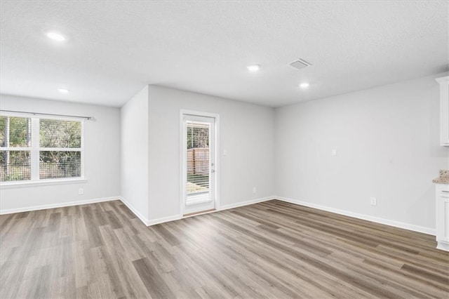 spare room featuring a healthy amount of sunlight, light hardwood / wood-style flooring, and a textured ceiling