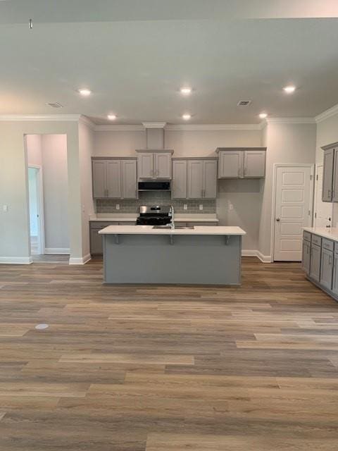 kitchen with gray cabinets, ventilation hood, and a center island with sink