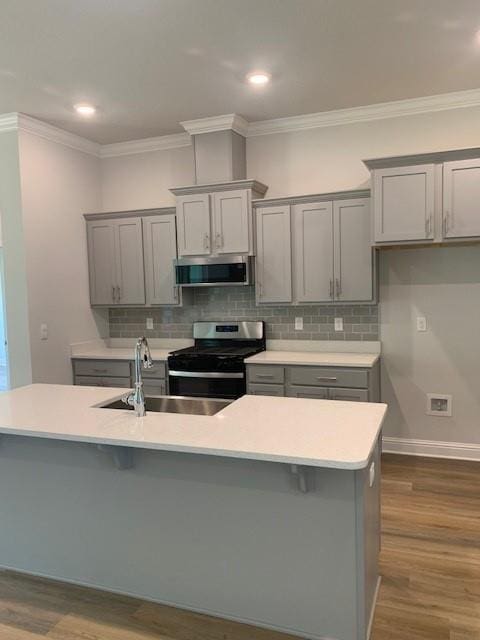 kitchen featuring a kitchen island with sink, sink, gray cabinets, and appliances with stainless steel finishes