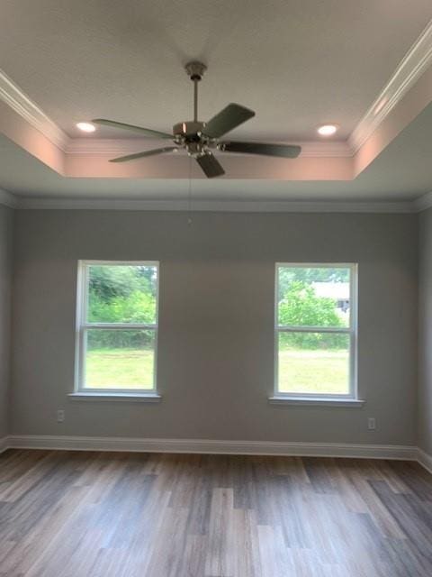 spare room with hardwood / wood-style flooring, crown molding, and a tray ceiling