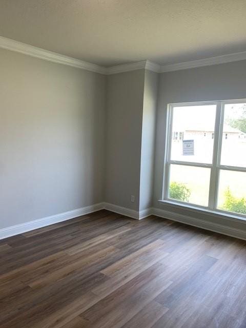 spare room featuring crown molding, a healthy amount of sunlight, and dark hardwood / wood-style floors