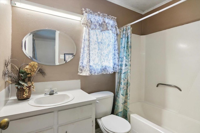 full bathroom with vanity, shower / bath combination with curtain, toilet, and ornamental molding