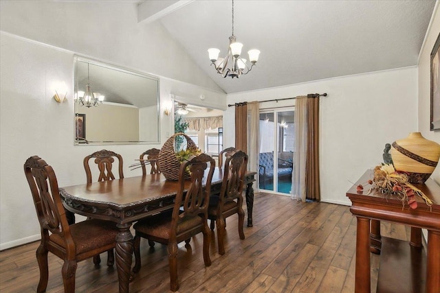 dining room with vaulted ceiling with beams, dark hardwood / wood-style flooring, and ceiling fan with notable chandelier