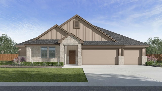 165 Sycamore Ct, Lumberton, TX 77657 - view of front of house featuring stone siding, board and batten siding, a garage, concrete driveway, and a shingled roof