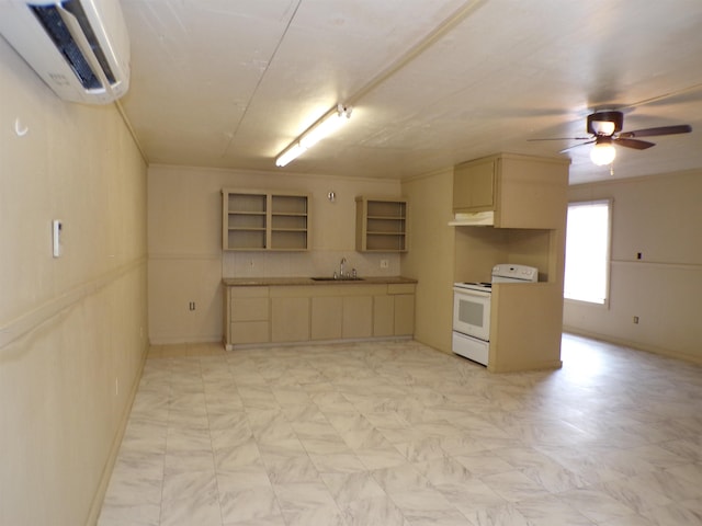 kitchen featuring white electric stove, a wall unit AC, ceiling fan, under cabinet range hood, and a sink