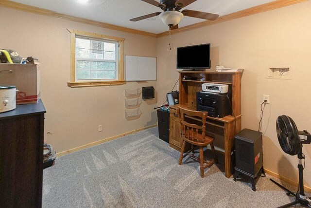 office with light carpet, ceiling fan, and ornamental molding