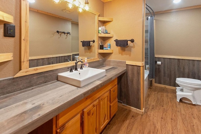 bathroom featuring toilet, vanity, and hardwood / wood-style flooring