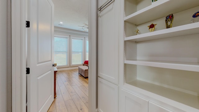 corridor featuring built in shelves and light hardwood / wood-style flooring