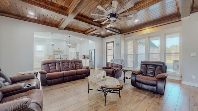 living room with light hardwood / wood-style flooring, ceiling fan with notable chandelier, coffered ceiling, and wooden ceiling