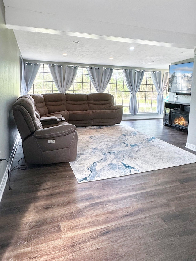 living room with a fireplace and dark wood-type flooring