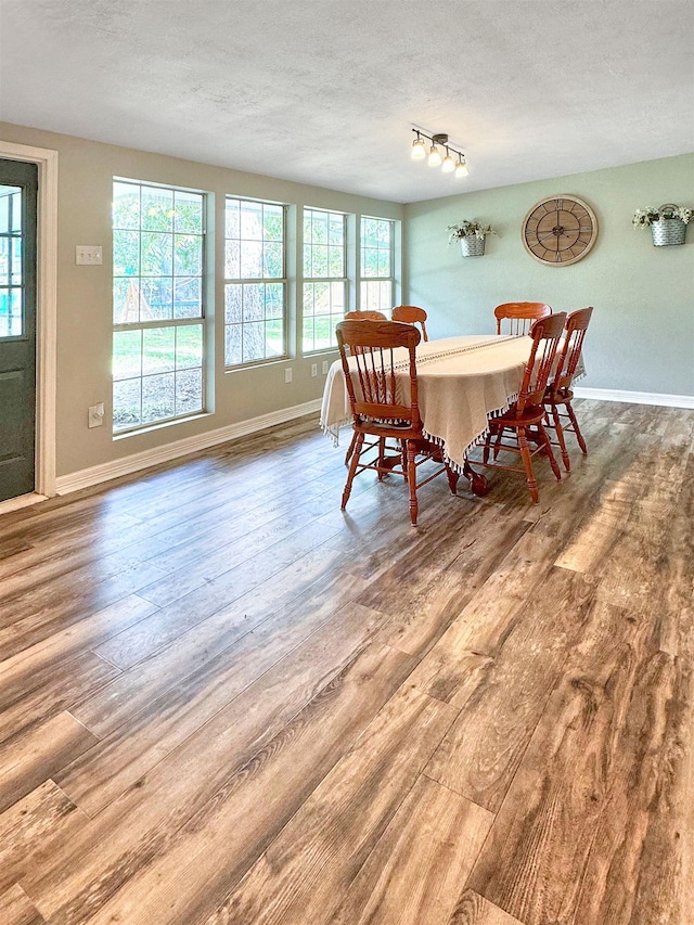 dining space with hardwood / wood-style floors and a textured ceiling