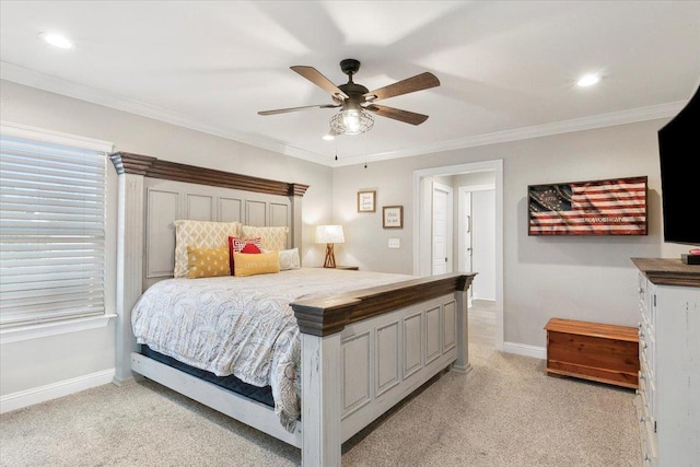 bedroom with ceiling fan, ornamental molding, and light carpet