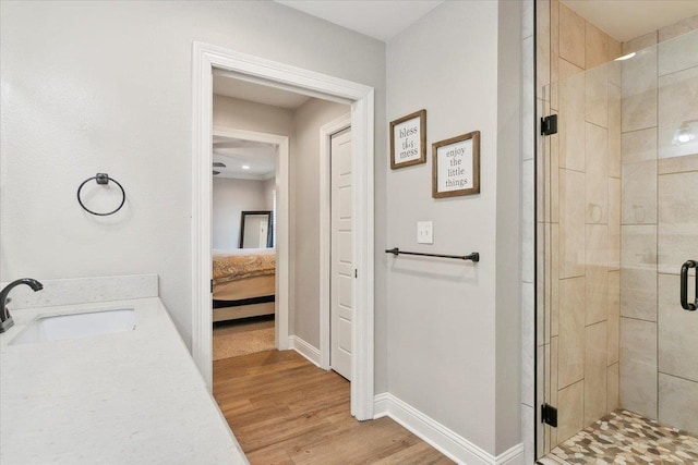 bathroom with sink, hardwood / wood-style floors, and an enclosed shower