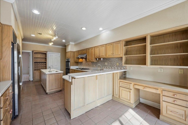 kitchen with open shelves, built in desk, backsplash, and gas stovetop