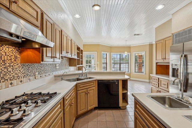 kitchen featuring under cabinet range hood, decorative backsplash, stainless steel appliances, and a sink