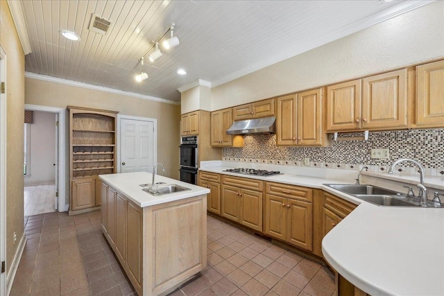 kitchen featuring under cabinet range hood, tasteful backsplash, visible vents, and a sink