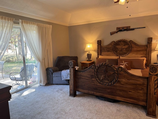 bedroom with access to exterior, carpet, ceiling fan, and crown molding