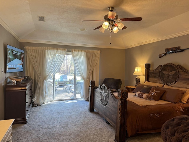 carpeted bedroom featuring ceiling fan, access to exterior, ornamental molding, and vaulted ceiling