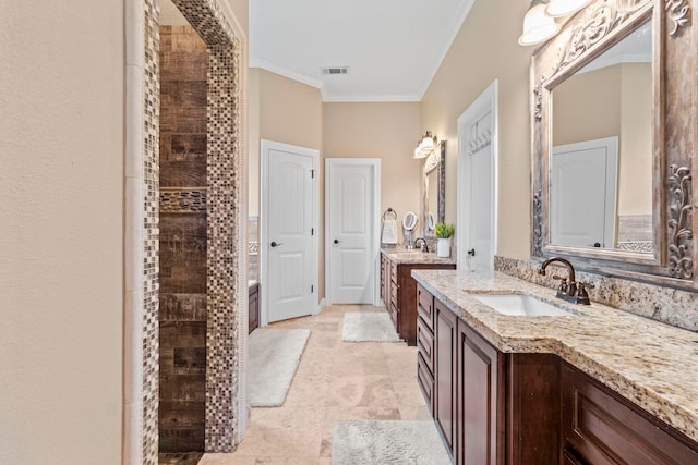 8395 Carrie Ln, Beaumont, TX 77713 - bathroom with ornamental molding, two vanities, a tile shower, and a tub to relax in