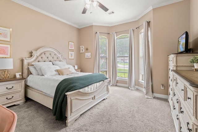 8395 Carrie Ln, Beaumont, TX 77713 - bedroom featuring light colored carpet, multiple windows, ornamental molding, and a ceiling fan