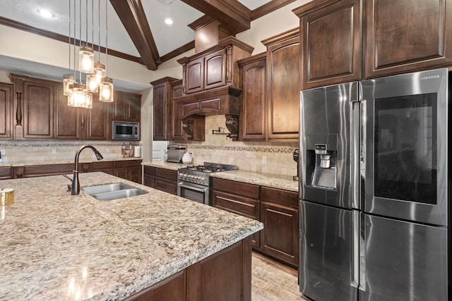 8395 Carrie Ln, Beaumont, TX 77713 - kitchen with stainless steel appliances, beamed ceiling, light stone countertops, tasteful backsplash, and pendant lighting