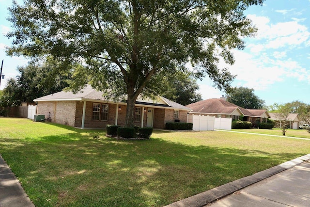 single story home featuring central AC and a front lawn