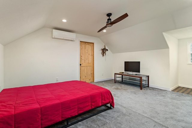 bedroom featuring lofted ceiling, an AC wall unit, ceiling fan, and carpet flooring
