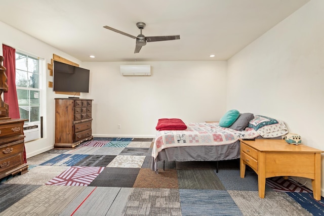 carpeted bedroom with a wall mounted air conditioner and ceiling fan
