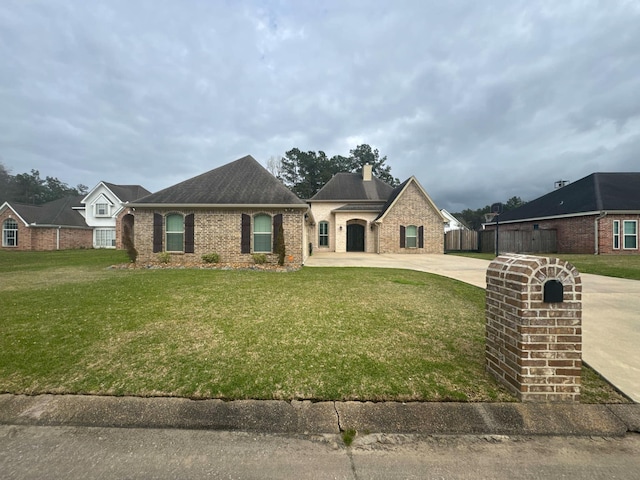 view of front of home with brick siding, roof with shingles, concrete driveway, a front yard, and fence