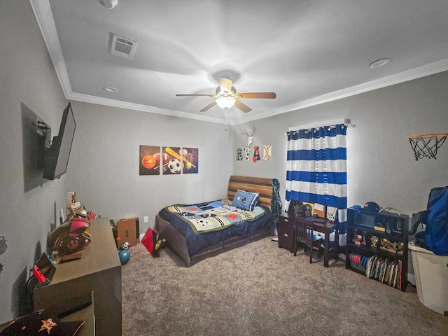 carpeted bedroom with a ceiling fan, visible vents, and crown molding