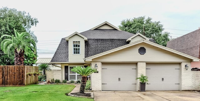 view of front facade with roof with shingles, brick siding, concrete driveway, fence, and a garage