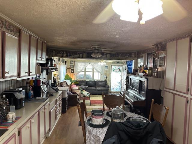 kitchen featuring ceiling fan, light hardwood / wood-style floors, and a textured ceiling