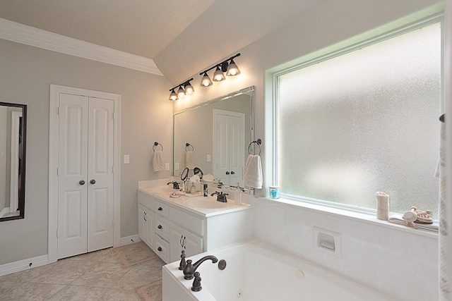 3665 Canyon Ln, Beaumont, TX 77713 - bathroom with double vanity, a whirlpool tub, crown molding, and tile patterned flooring