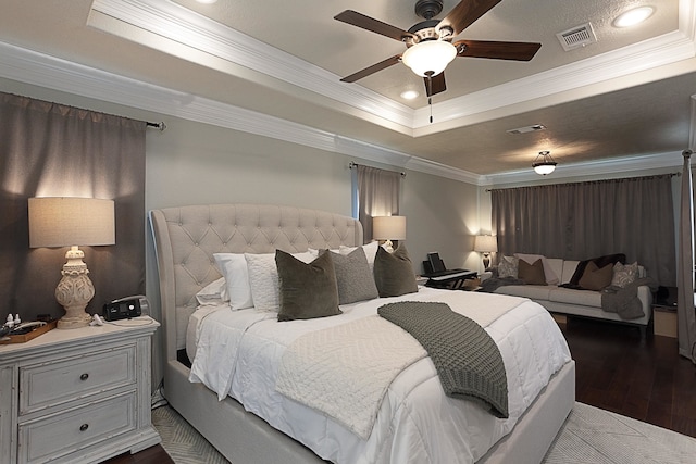 3665 Canyon Ln, Beaumont, TX 77713 - bedroom with a raised ceiling, wood finished floors, crown molding, recessed lighting, and a ceiling fan