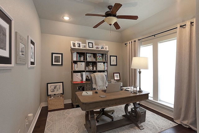 3665 Canyon Ln, Beaumont, TX 77713 - office featuring a ceiling fan, wood finished floors, and recessed lighting