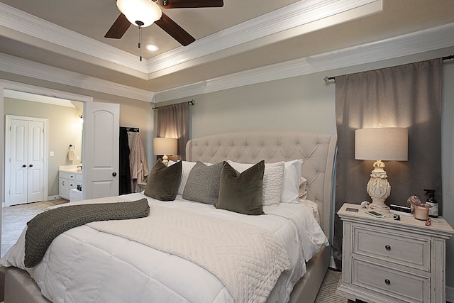 3665 Canyon Ln, Beaumont, TX 77713 - bedroom with ornamental molding, a raised ceiling, ensuite bathroom, ceiling fan, and recessed lighting
