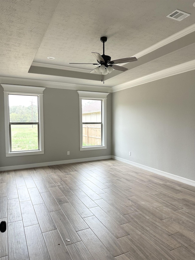 spare room featuring a healthy amount of sunlight, a raised ceiling, and ornamental molding