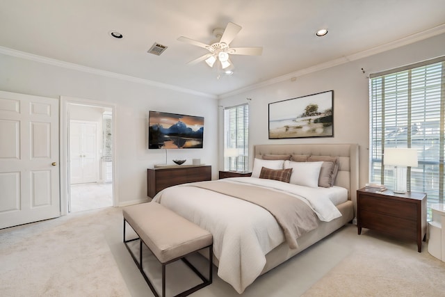 bedroom featuring multiple windows, light colored carpet, ceiling fan, and crown molding