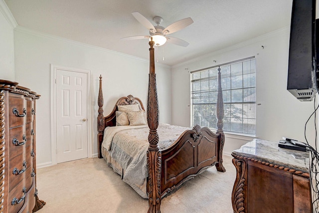 bedroom featuring light colored carpet, ceiling fan, and crown molding