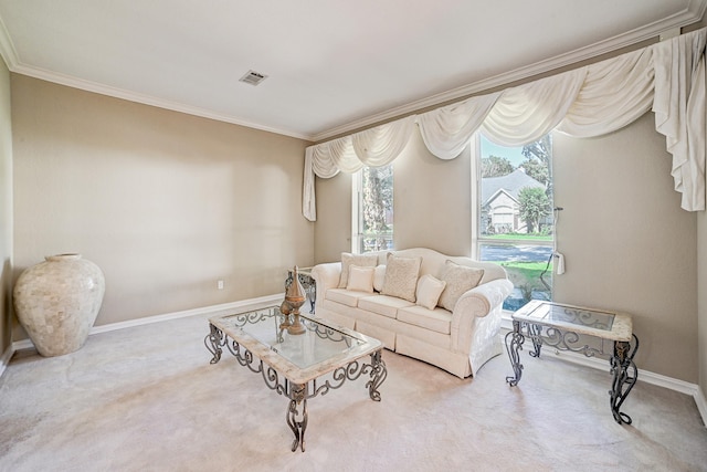 carpeted living room with crown molding