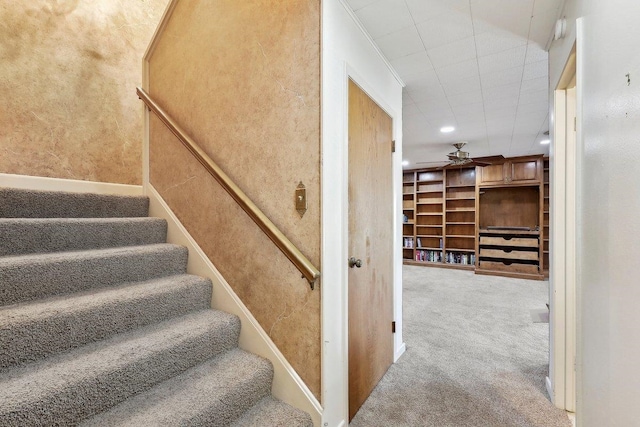 stairs featuring ceiling fan and carpet