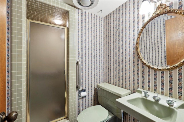 bathroom featuring a shower stall, toilet, and a sink