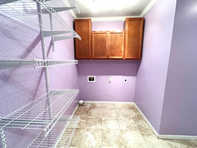 clothes washing area featuring cabinets, washer hookup, electric dryer hookup, hookup for a gas dryer, and crown molding