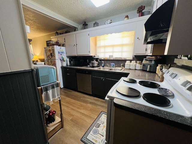 kitchen with light wood-type flooring, white appliances, a textured ceiling, and a sink